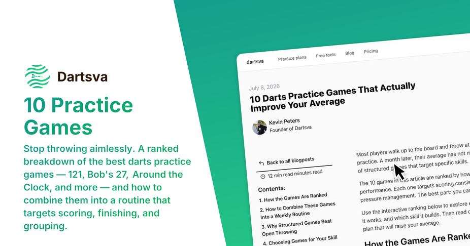 Ranked list of 10 darts practice games displayed with a dartboard and score chart showing which games target scoring, finishing, and grouping