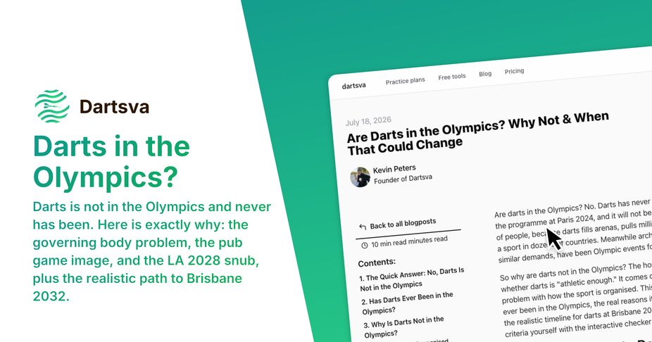 Dartboard next to the Olympic rings with a question mark, illustrating whether darts is in the Olympic Games
