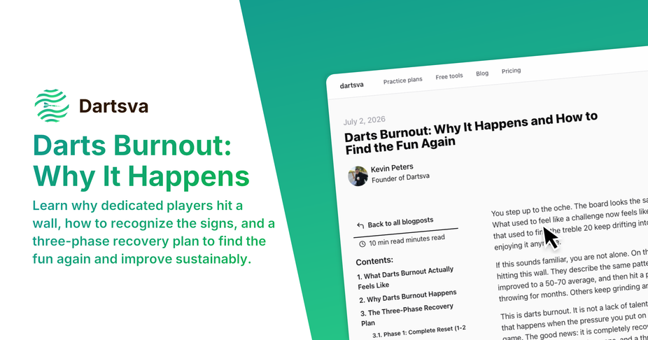 Darts player taking a break from practice, sitting next to a dartboard with a digital dashboard showing declining performance trends and recovery tips