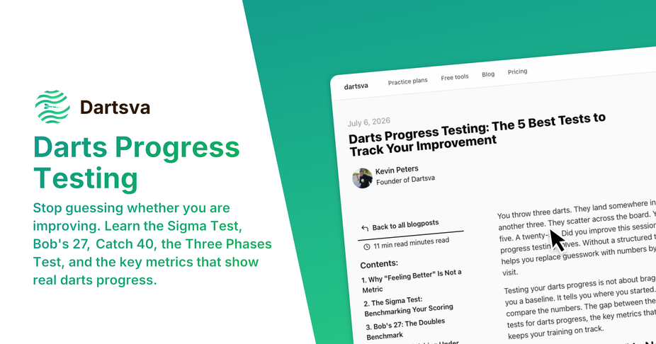 Dartboard with three darts in treble 20 alongside a dashboard showing progress metrics, average trends, and test scores
