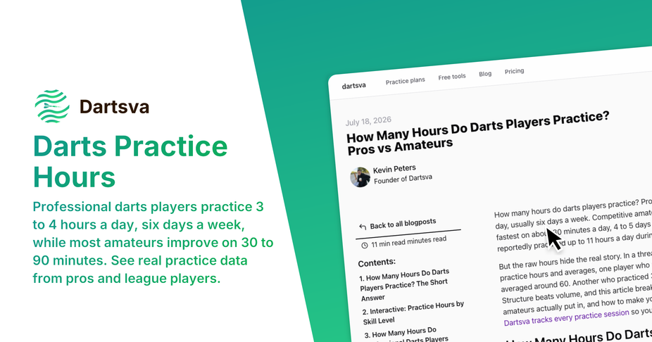 Darts player at the oche next to a weekly practice schedule comparing how many hours professionals, league players, and beginners practice