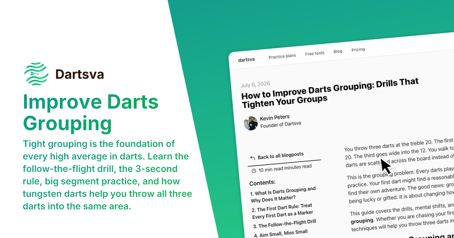 Three darts tightly grouped in the treble 20 segment on a dartboard, with a diagram showing the follow-the-flight drill concept