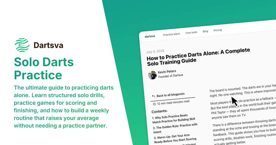 Solo darts practice setup with a dartboard, three darts in treble 20, and a digital performance dashboard tracking session data