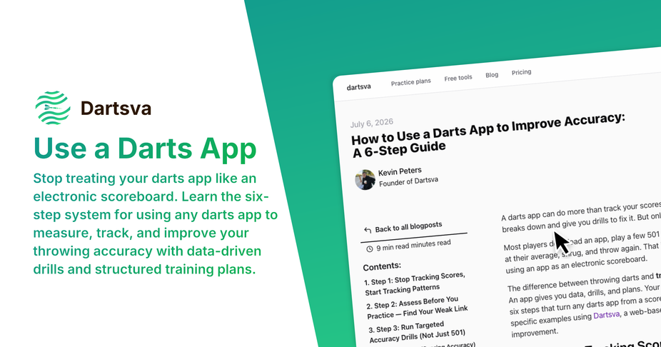 Darts player at the oche with a digital device showing accuracy metrics, targets, and drill scores for improving throwing precision