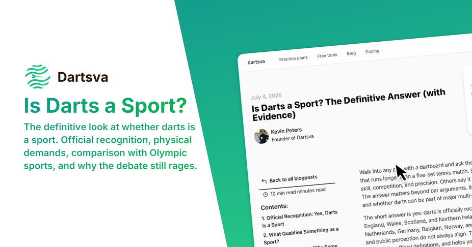 Dartboard with three darts in the treble 20, surrounded by icons representing official recognition, competition, and skill — asking the question: is darts a sport?