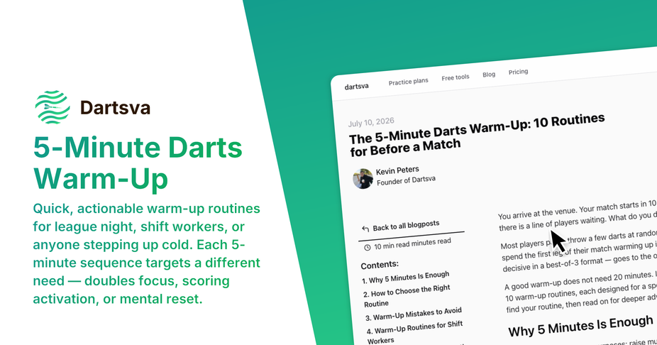 Darts player warming up at the oche with a timer displaying 5 minutes and a sequence of target numbers on the board